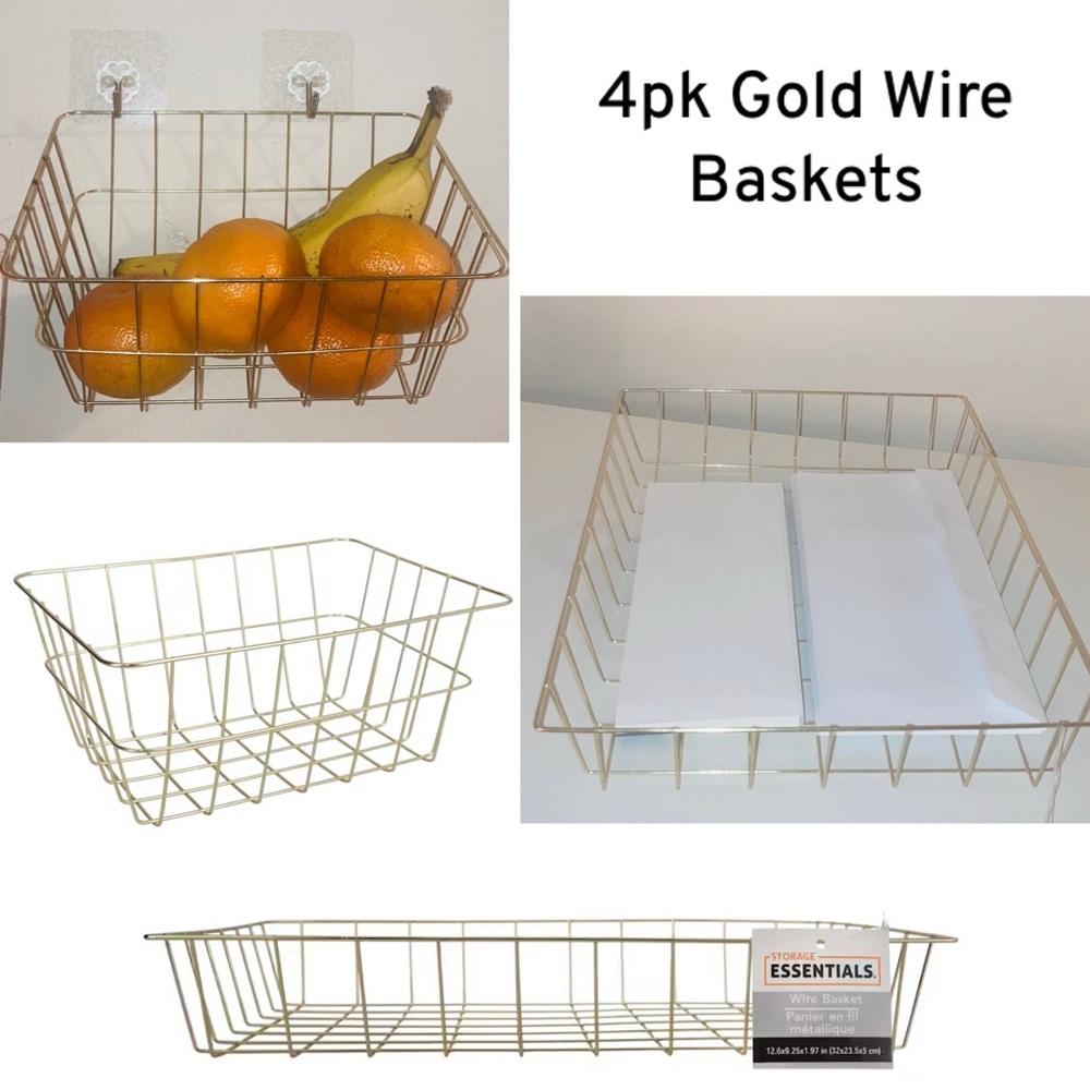 4pk Gold Wire Storage Basket Desk Tray Office Pantry Organizer Bin